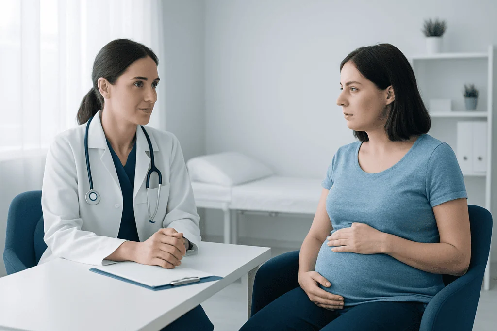 Doctor consulting pregnant woman in a medical office.