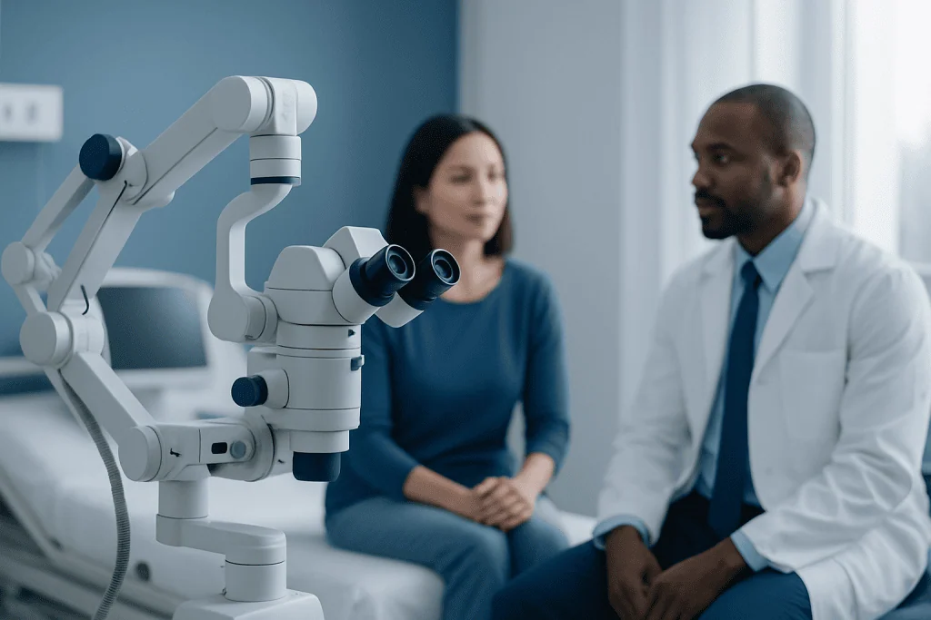 Doctor and patient in consultation with medical equipment in background.