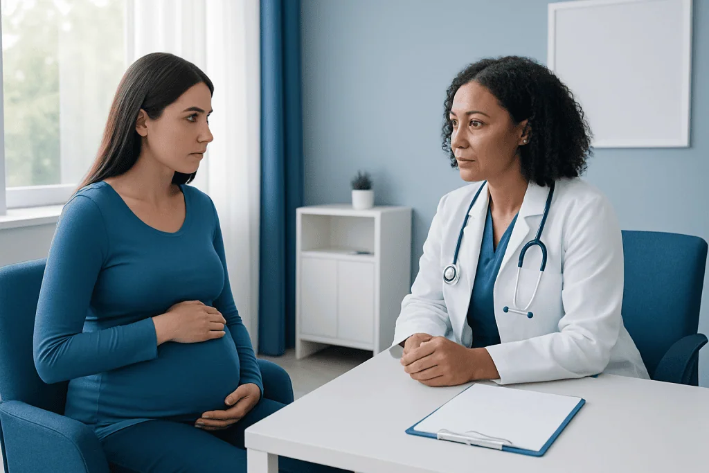 Pregnant woman consulting with doctor in a medical office.
