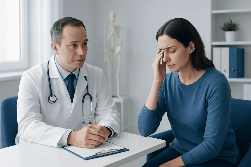 Doctor consulting a woman with sinus pain in a medical office.