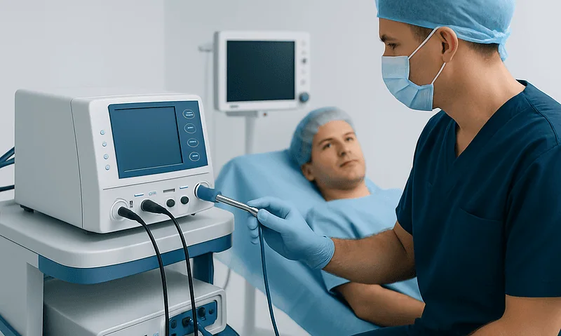 Urologist preparing for circumcision procedure in hospital setting.