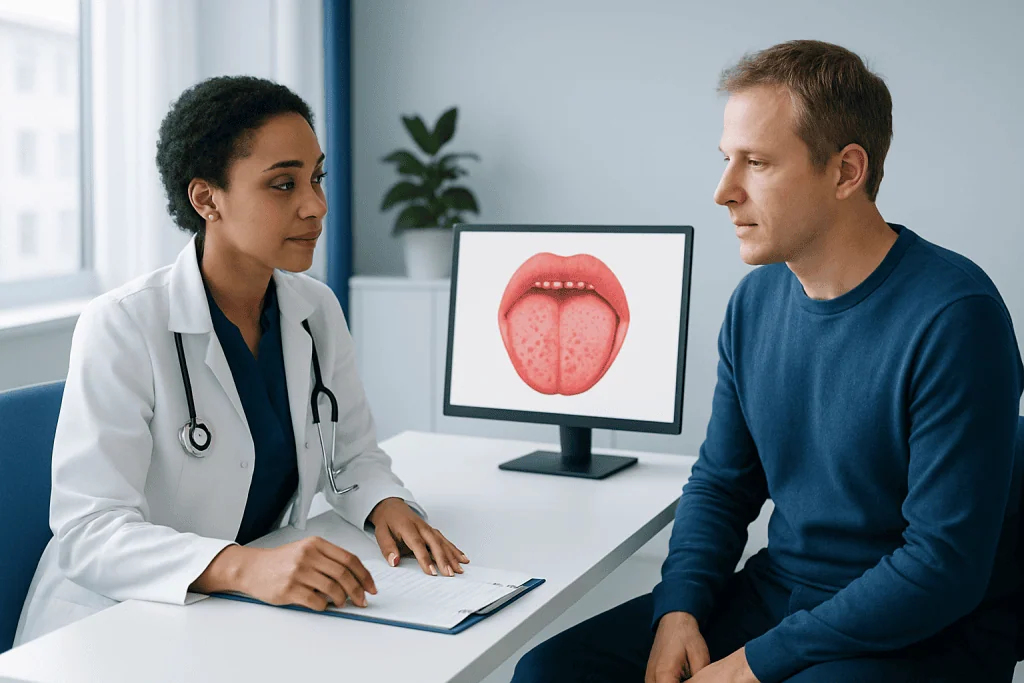 Medical consultation about circumvallate papillae with tongue diagram.