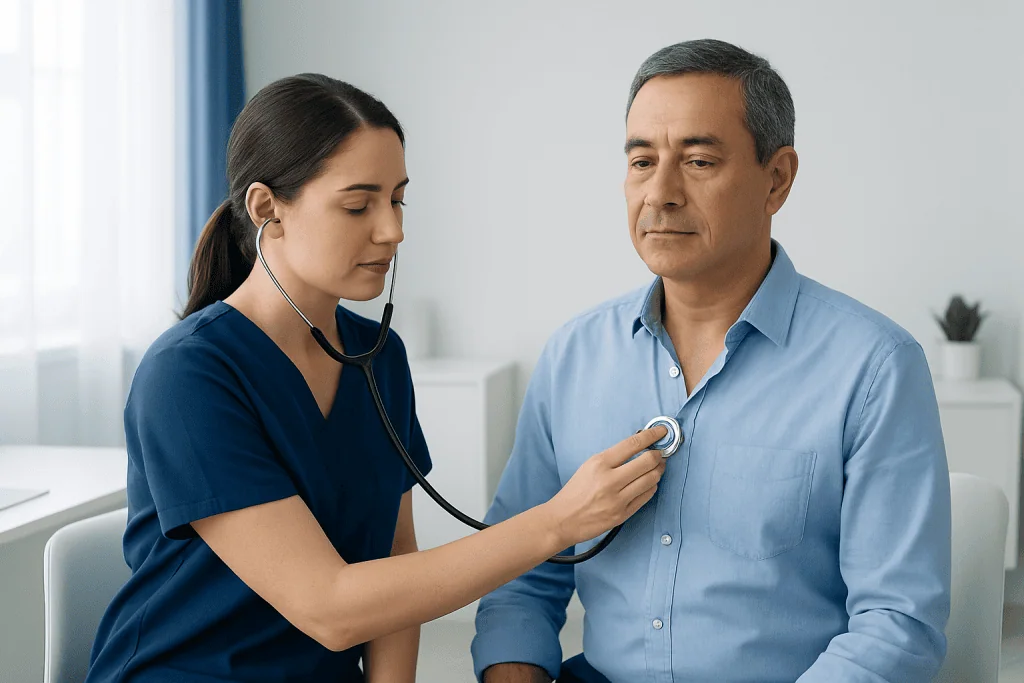 Healthcare professional measuring patient's apical pulse with stethoscope.
