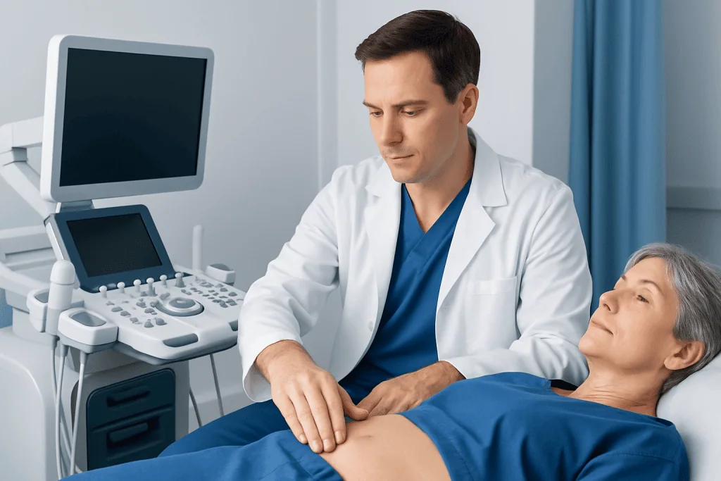 Doctor performing palpation on elderly patient in hospital room.