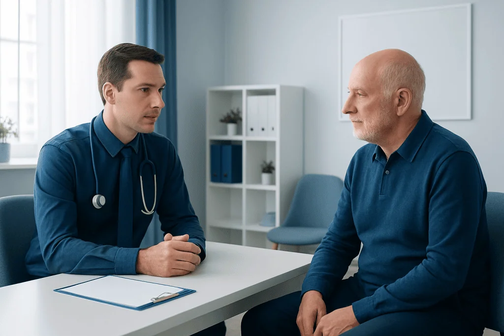 Doctor consulting with an elderly patient in a medical office.