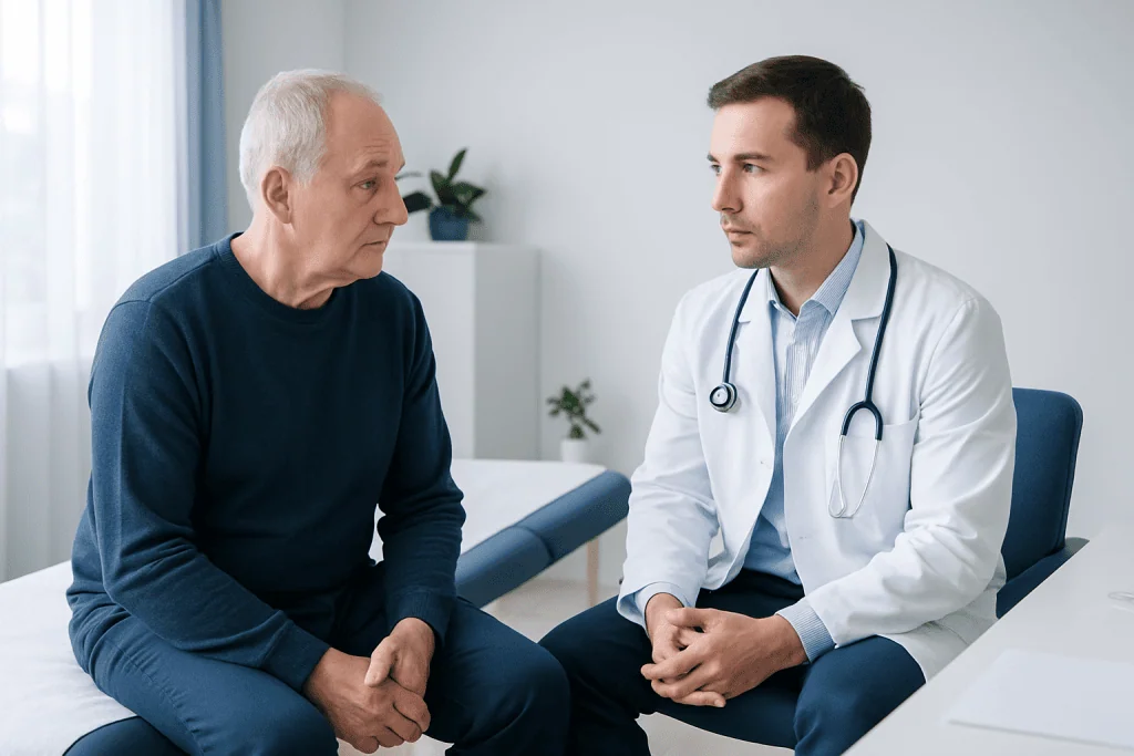 Doctor consulting with an elderly patient in a medical office.