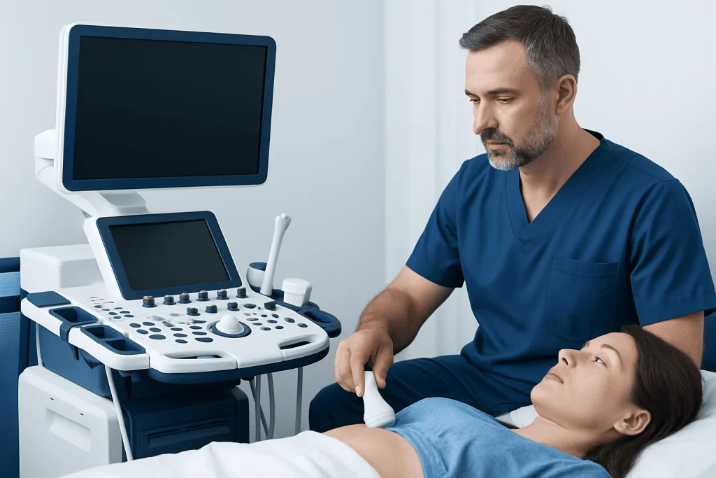 Doctor performing an ultrasound examination on a patient in a clinical setting.