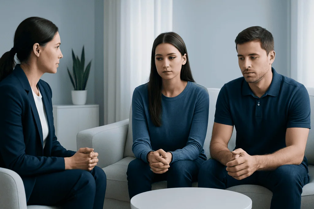 Therapist conducting a counseling session with a young woman and man.