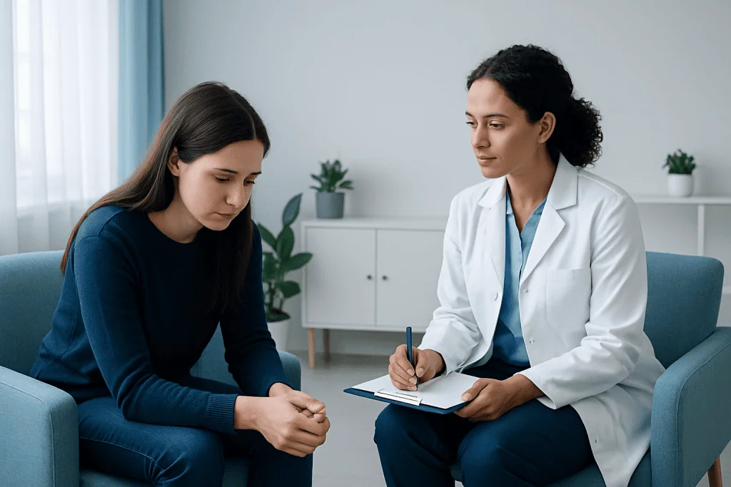 Psychologist and patient in therapy session at Acibadem Hospital.
