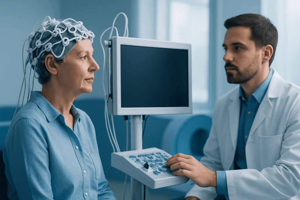 Patient undergoing neuropsychological assessment with EEG monitoring at Acibadem Hospital.