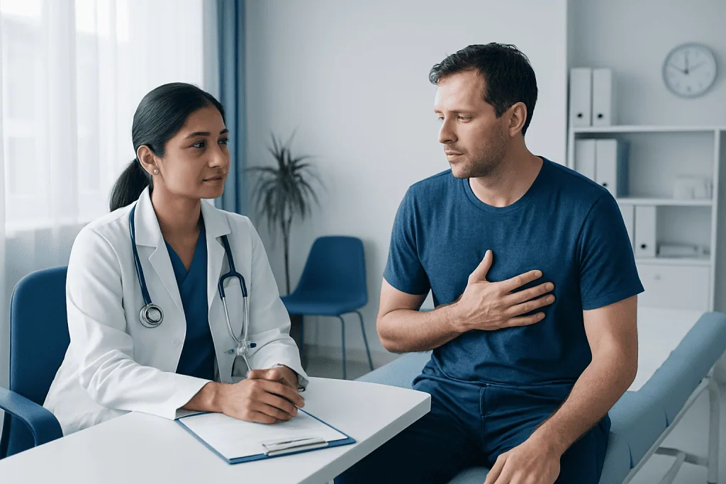 Doctor consulting a patient about symptoms in a medical office.
