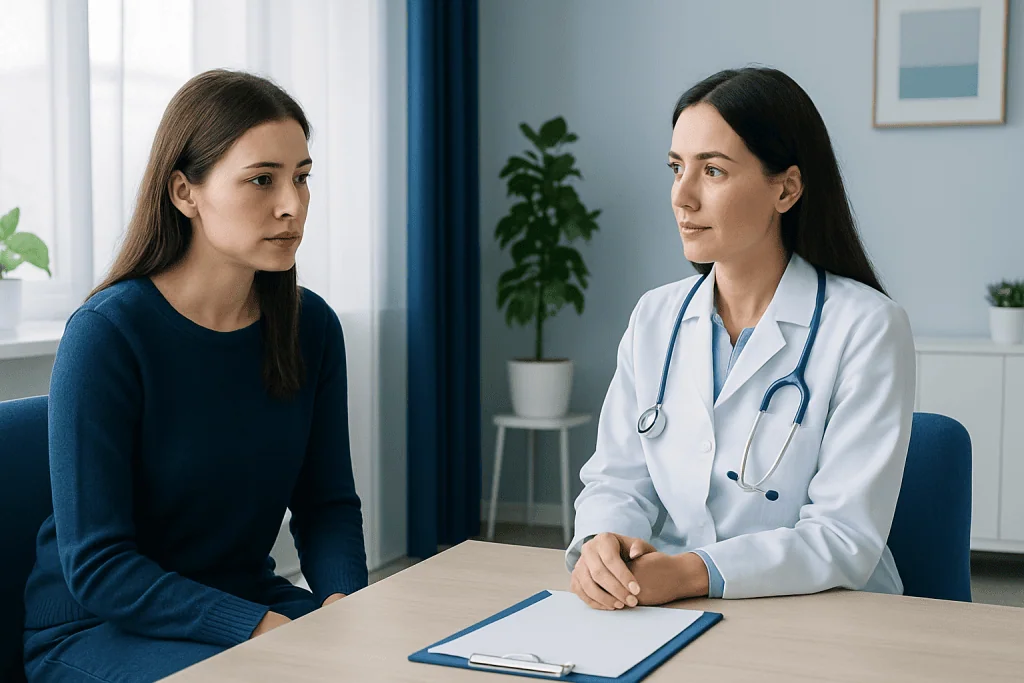 Doctor consulting with a patient in a medical office setting.