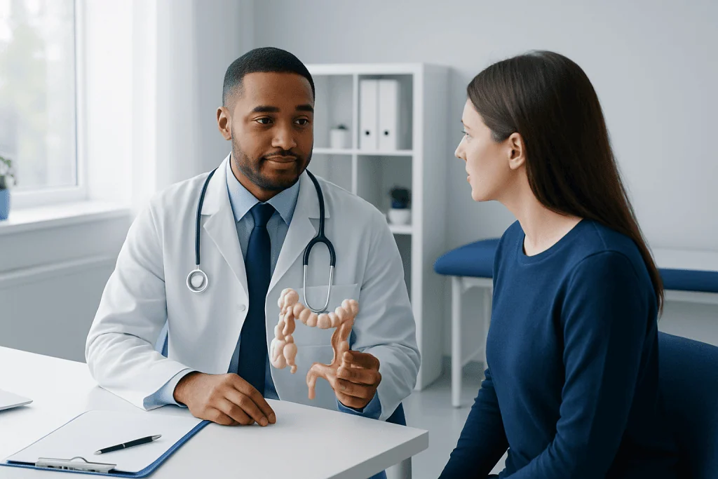 Doctor explaining colon anatomy to a patient in a medical consultation.