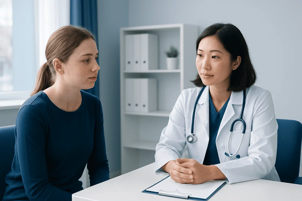 Doctor consulting with young female patient in a medical office.