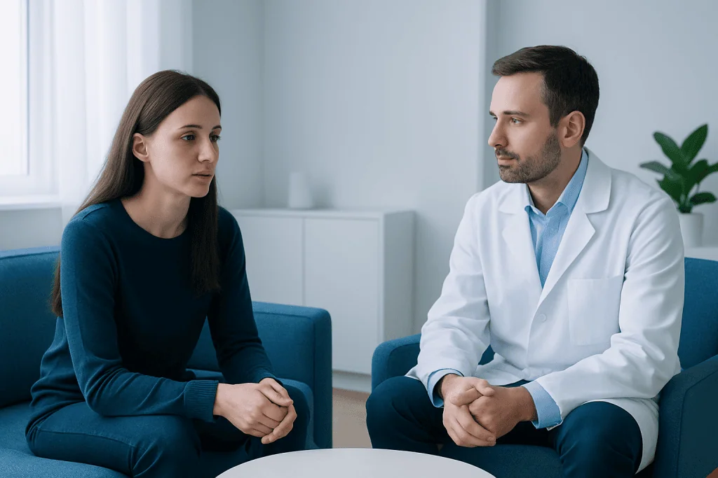 Therapist and patient in a counseling session at Acibadem Hospitals Group.