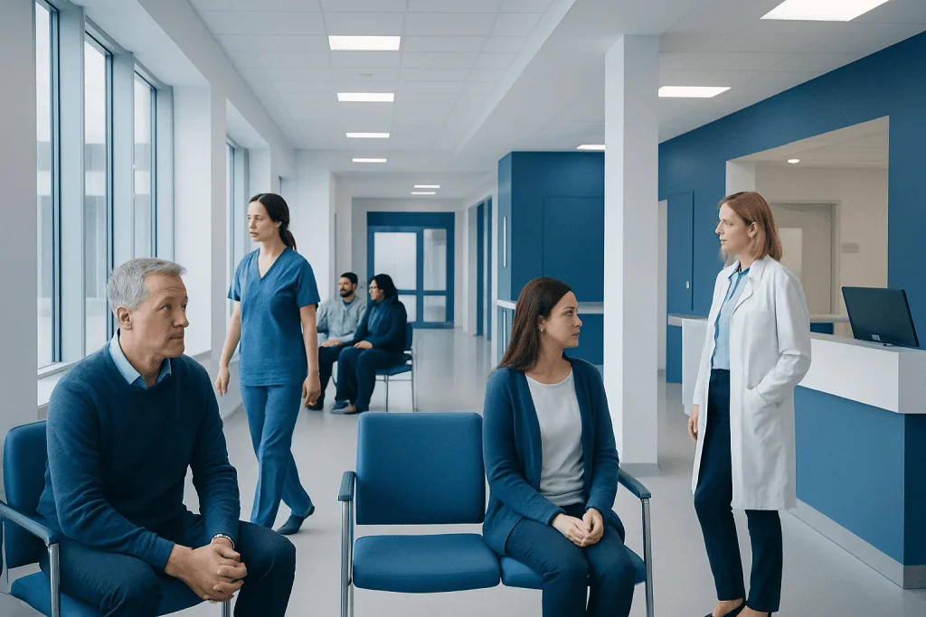 Companion Costs in Turkey: Budgeting for Meals, Transport, and Extra Nights 1 Patients waiting in a modern hospital corridor with medical staff present.