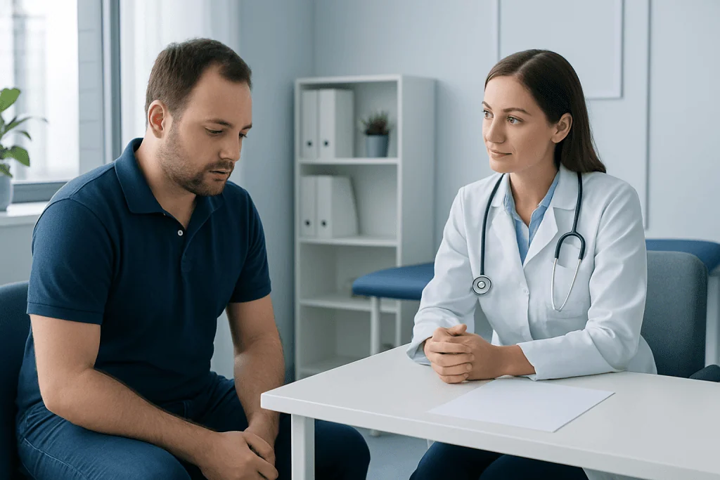 Doctor consulting with male patient in a medical office.