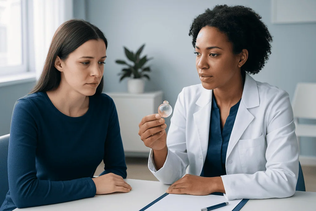 Doctor explaining condom use to a patient in a consultation room.