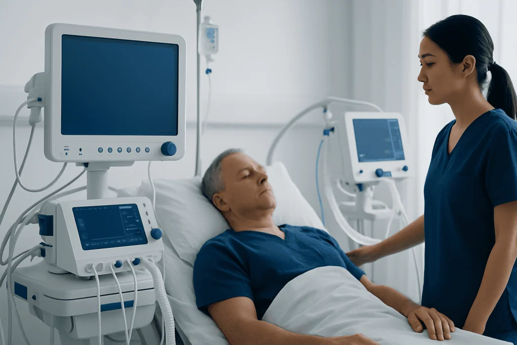 Hospital patient receiving care from a nurse in a modern medical setting.