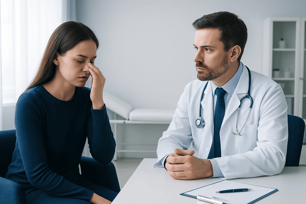 Doctor consulting with a woman patient experiencing nasal congestion.