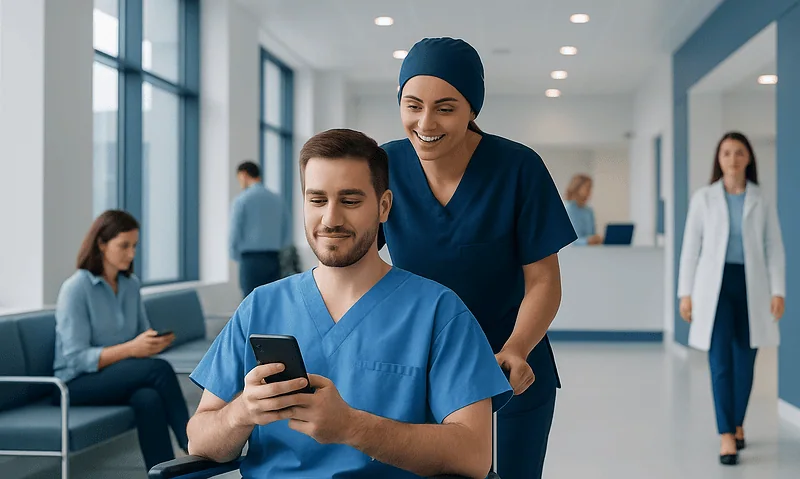 Healthcare professionals using mobile devices in a hospital corridor.
