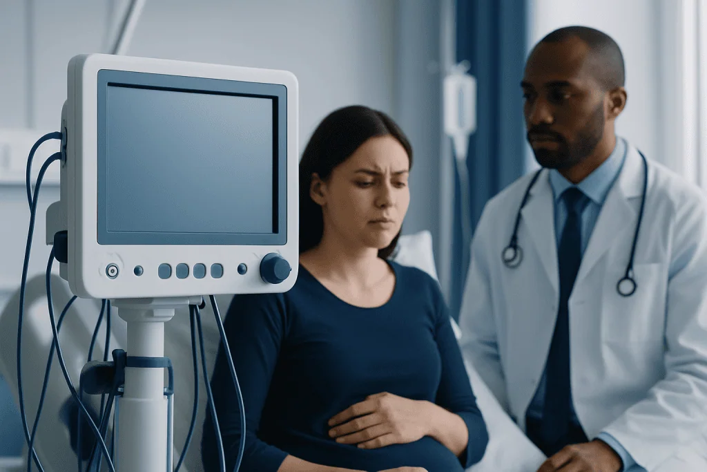 Doctor examining a patient with medical monitor in hospital room.