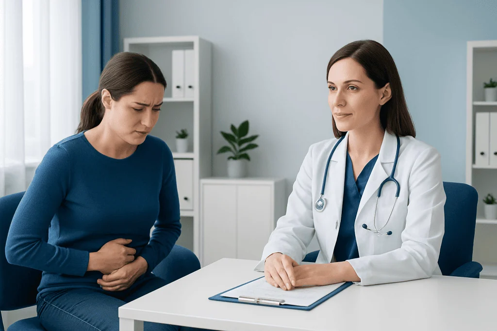 Doctor consulting with a patient about constipation symptoms in a clinic setting.