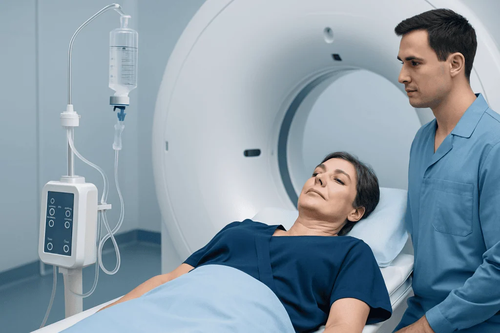 Patient undergoing a CT scan with contrast in a medical facility.