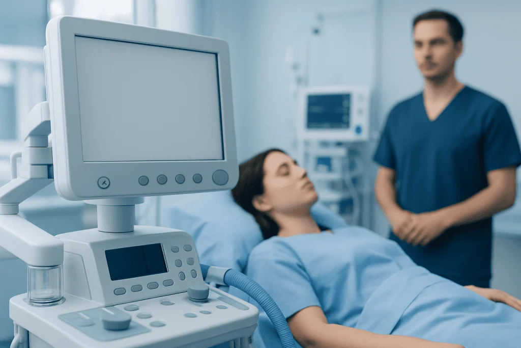 Patient in hospital bed connected to medical monitoring equipment.