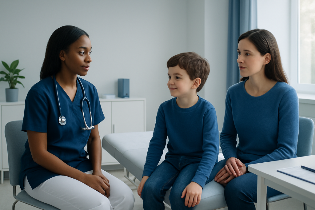 Doctor consulting with a young boy and his mother in a hospital room.