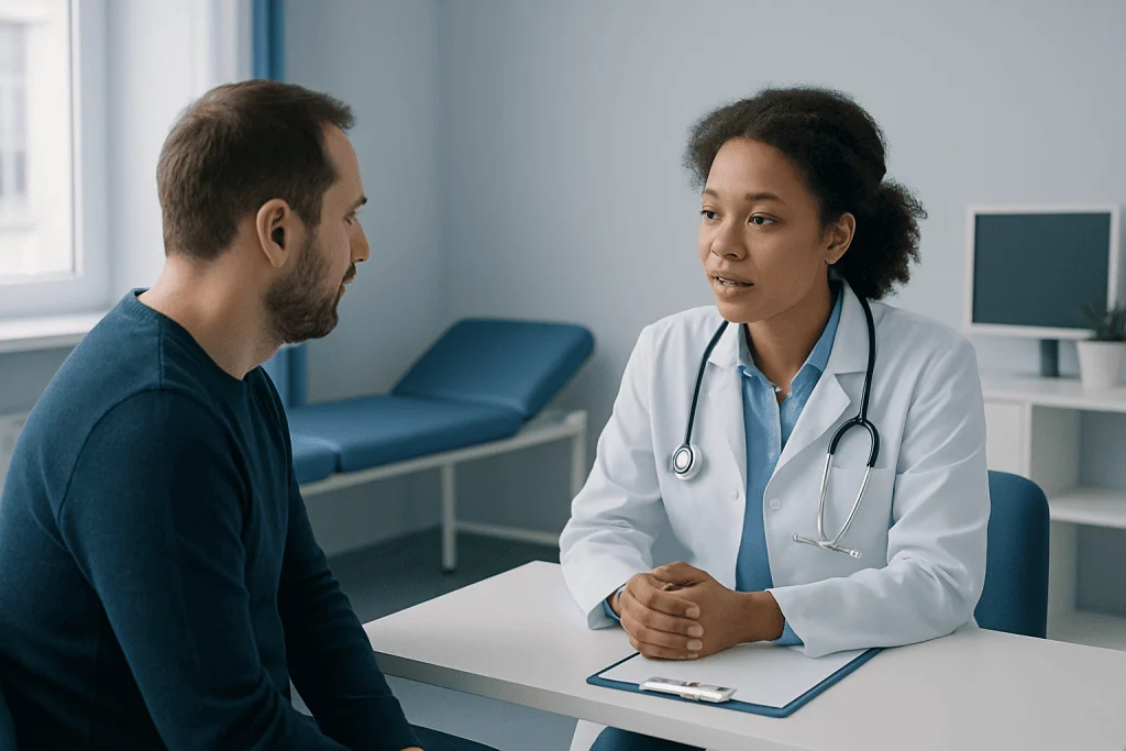 Doctor consulting with a patient in a medical office setting.