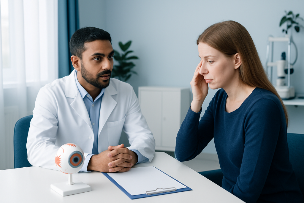 Doctor consulting with a female patient about eye health in a clinical setting.