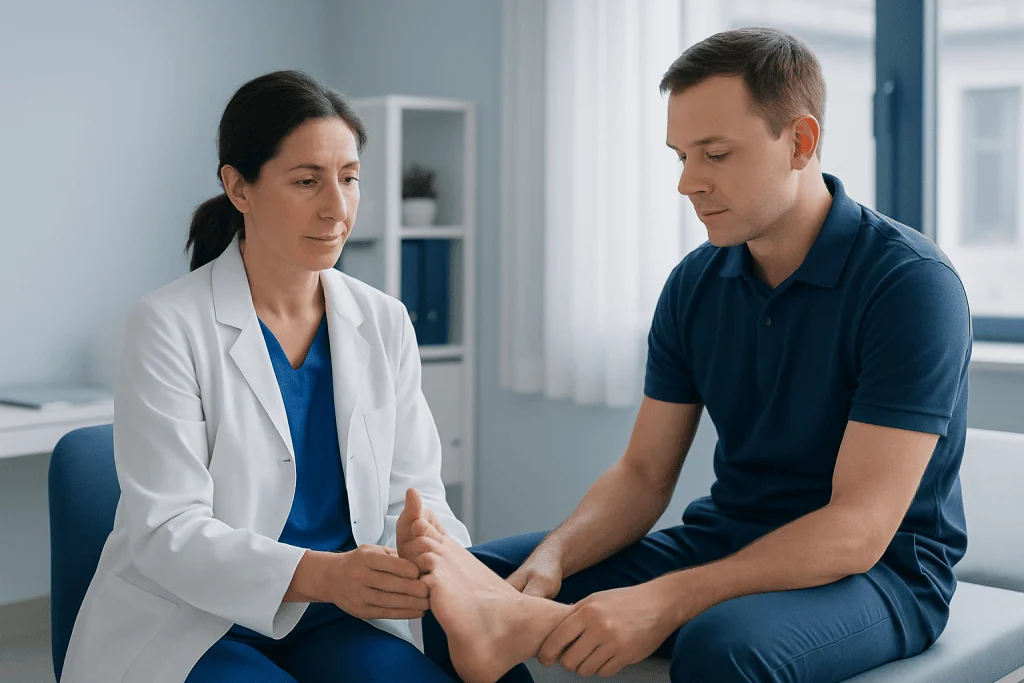 Doctor examining patient's foot for corns between toes.