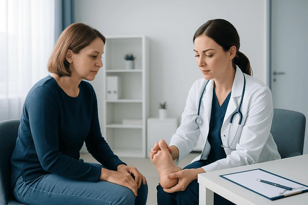Doctor examining patient's wrist in a medical consultation.