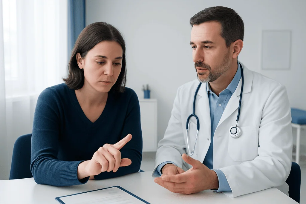 Doctor explaining finger condition to patient in consultation room.