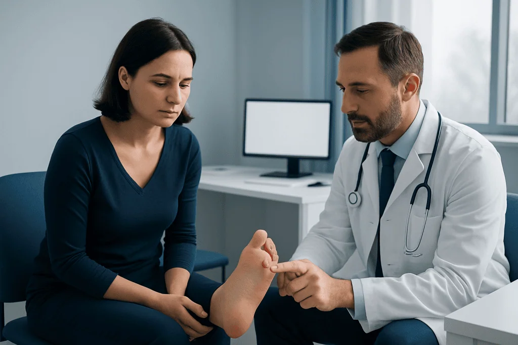 Doctor examining a patient's foot in a clinical setting.