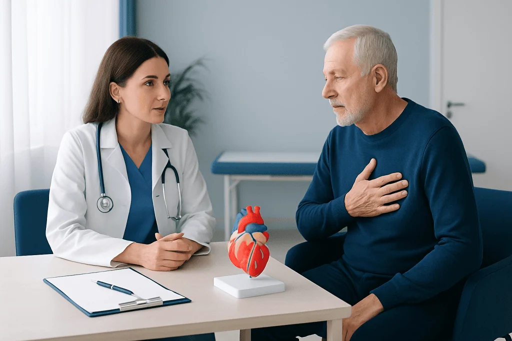 Doctor consulting with a patient about heart health and coronary thrombosis.