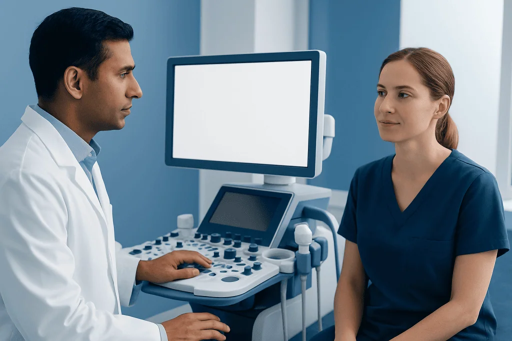 Doctor and nurse in a medical consultation with ultrasound equipment.