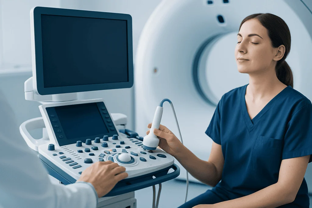 Medical professional performing an ultrasound scan on a patient in a hospital setting.