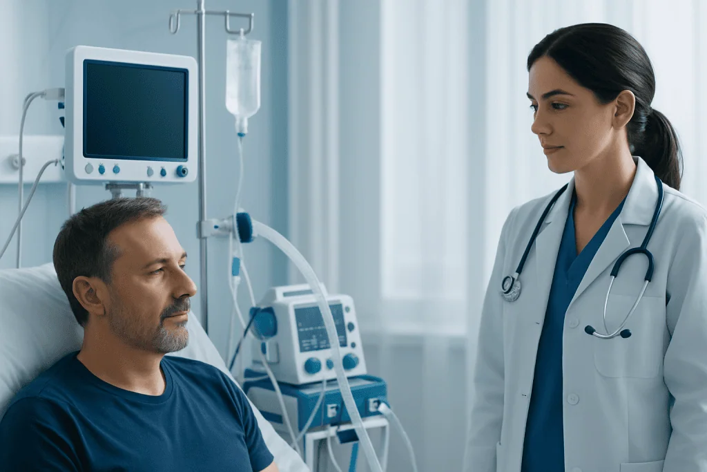 Doctor talking to patient in hospital room with medical equipment.