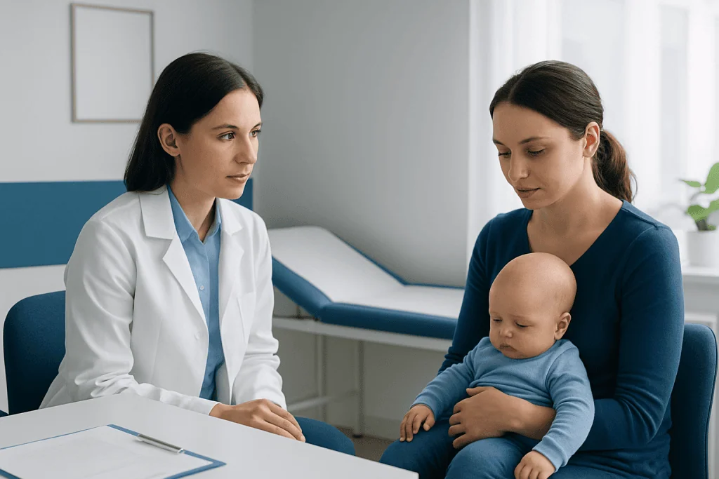 Pediatric consultation at Acibadem Hospital with doctor and mother with baby.