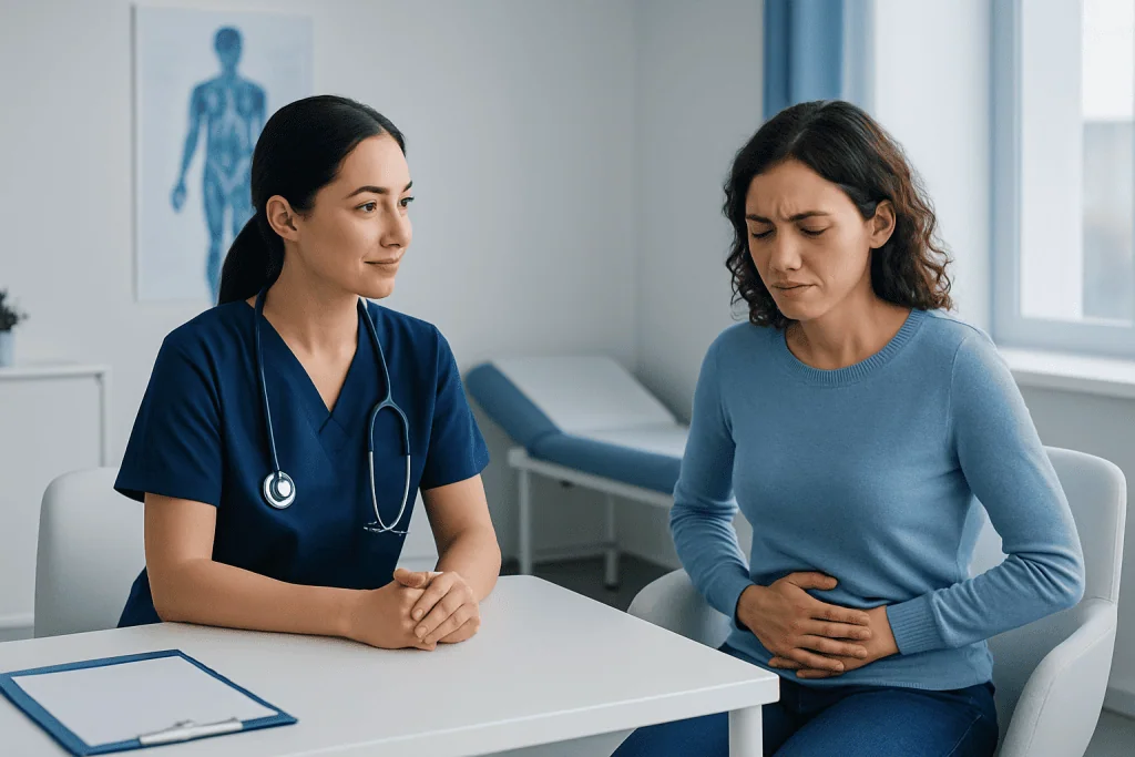 Doctor consulting with patient about abdominal pain in clinic.