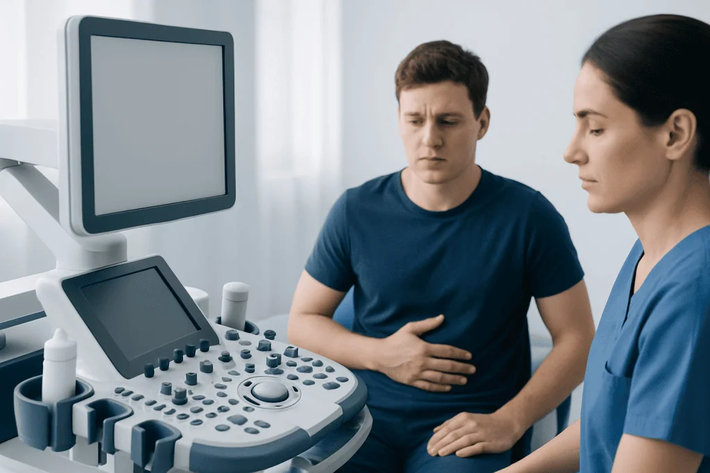 Patient undergoing ultrasound examination at a medical clinic.