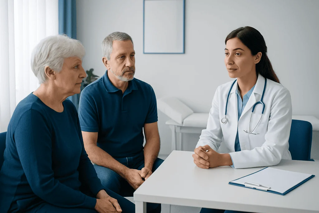 Doctor consulting with elderly patients in a hospital setting.