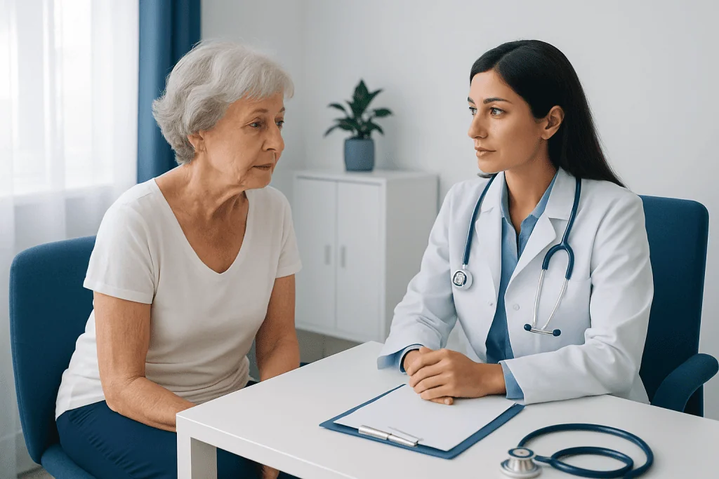 Doctor consulting with elderly woman in a medical office.