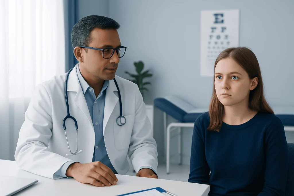 Doctor consulting a young girl about eye health in a clinic setting.