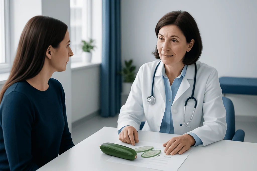 Doctor consulting with patient about cucumber health benefits in a clinical setting.