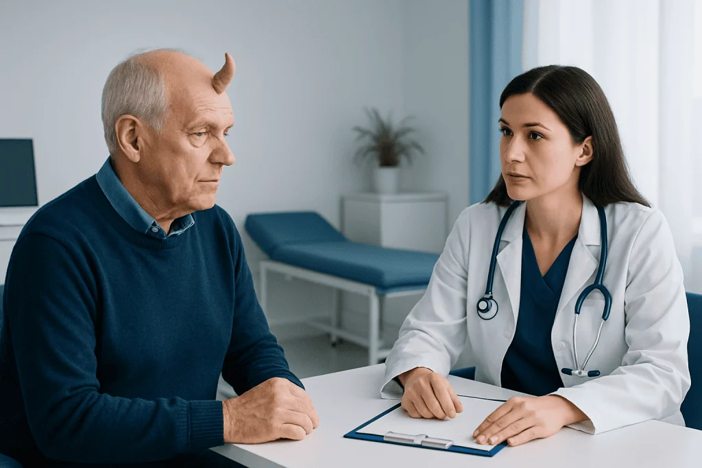 Doctor consulting with elderly patient in medical office.