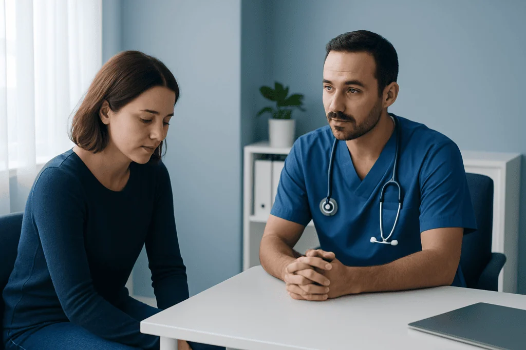 Doctor consulting with a patient in a medical office at Acibadem Hospitals Group.