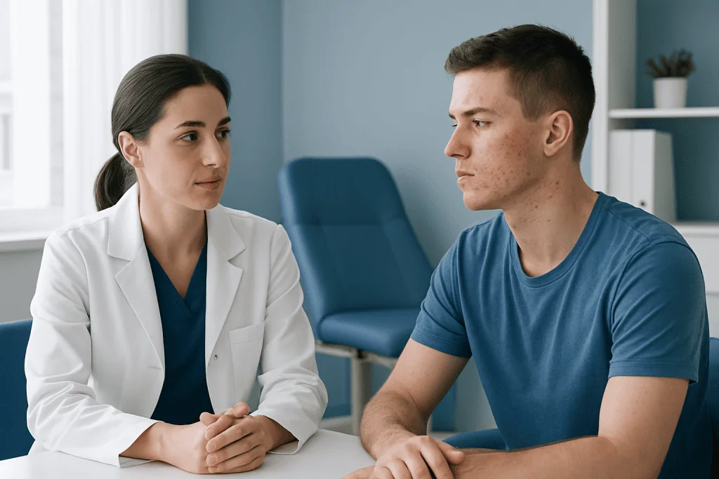 Dermatologist consulting with a young male patient about cystic acne treatment.